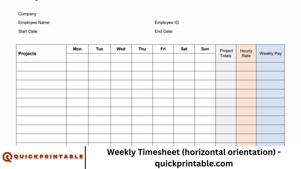 Weekly Timesheet (horizontal orientation) - quickprintable.com