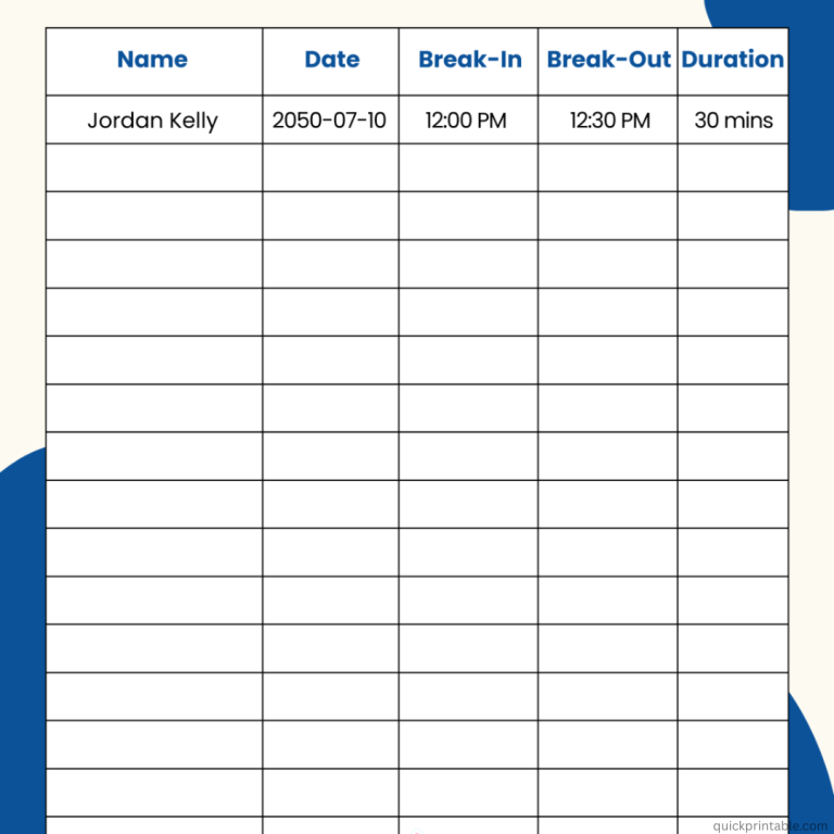Daily Employee Break Log - quickprintable.com