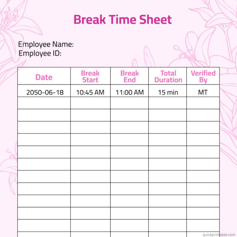 Daily Employee Break Log - quickprintable.com
