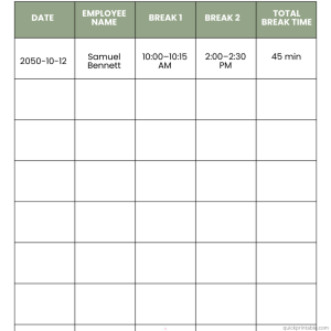 Daily Employee Break Log - quickprintable.com